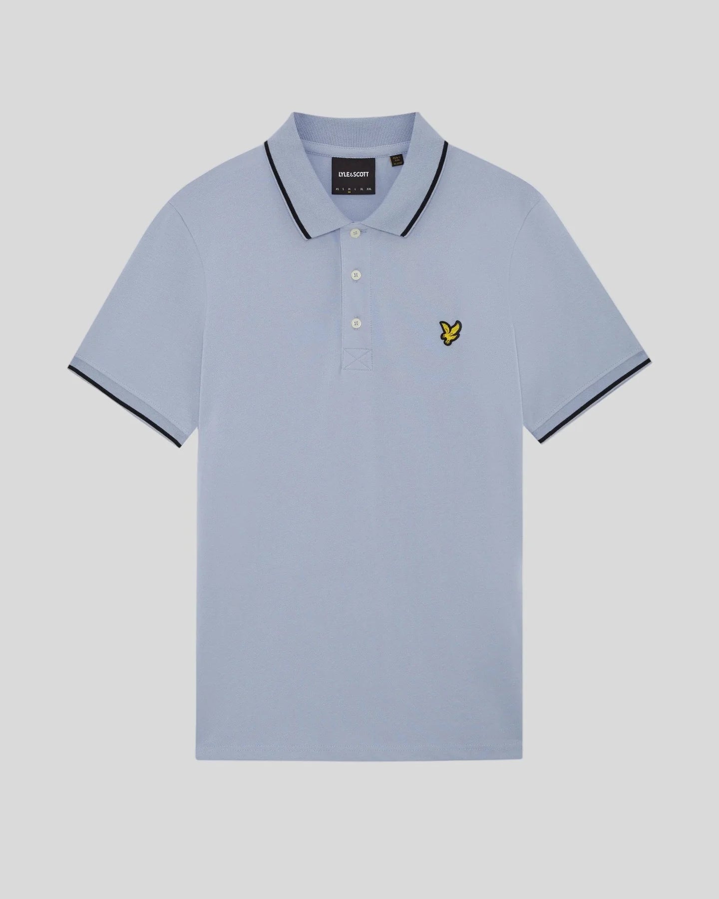 Lyle & Scott men's tipped polo shirt in Bubble Blue and Jet Black, featuring a classic collar and brand logo.