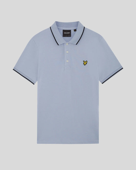 Lyle & Scott men's tipped polo shirt in Bubble Blue and Jet Black, featuring a classic collar and brand logo.