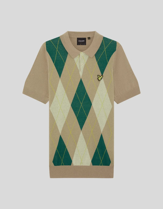 Lyle & Scott Archive Argyle Knitted Polo Shirt Desert Taupe