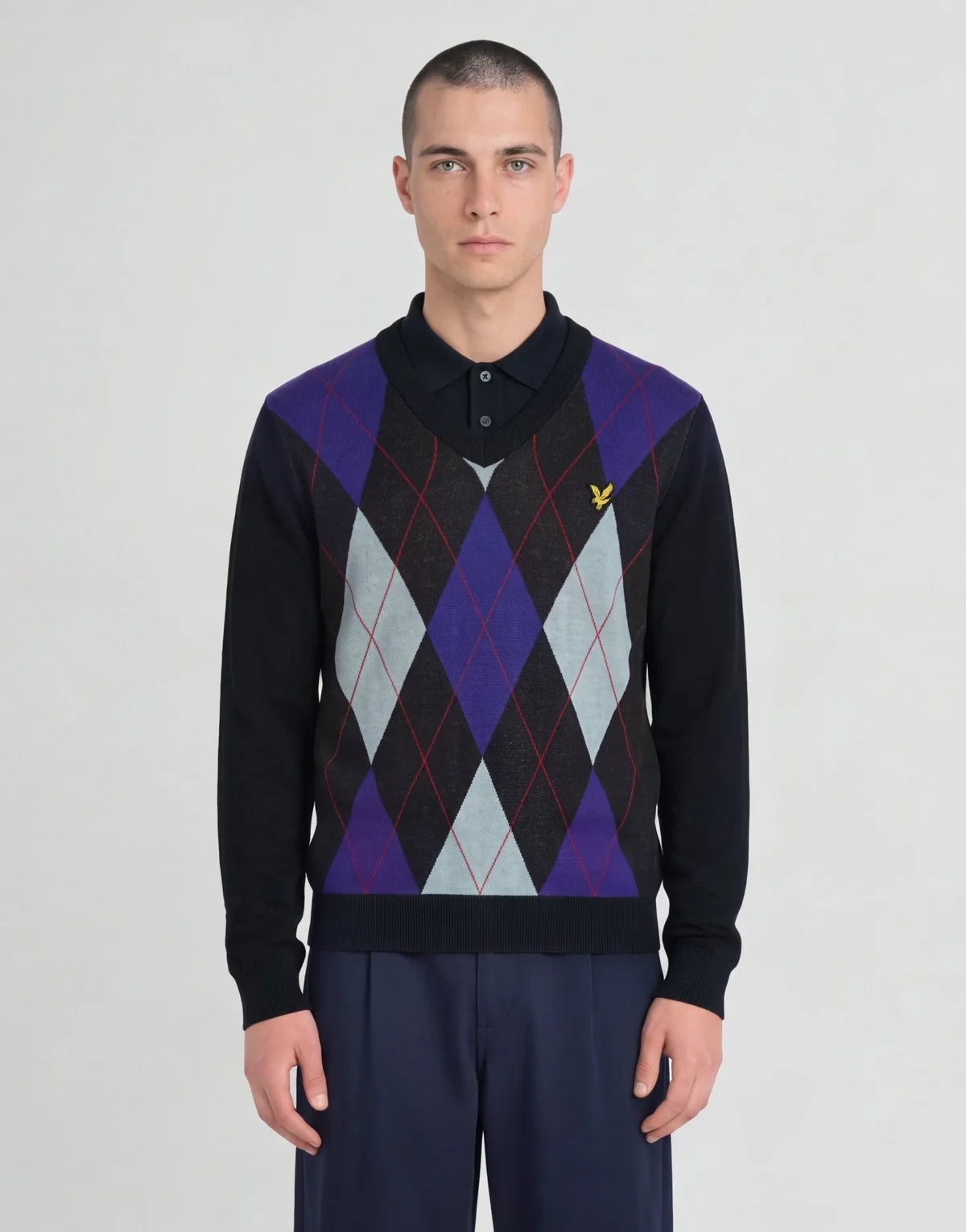 Lyle & Scott Argyle Knitted V-Neck Jumper Dark Navy