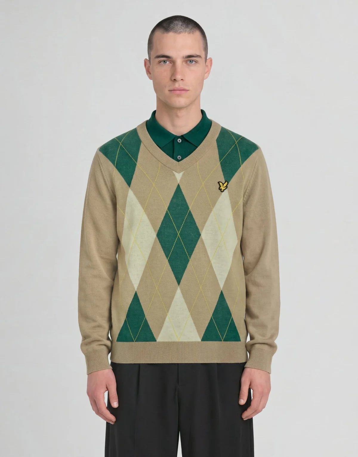 Lyle & Scott Argyle Knitted V-Neck Jumper Camel Taupe