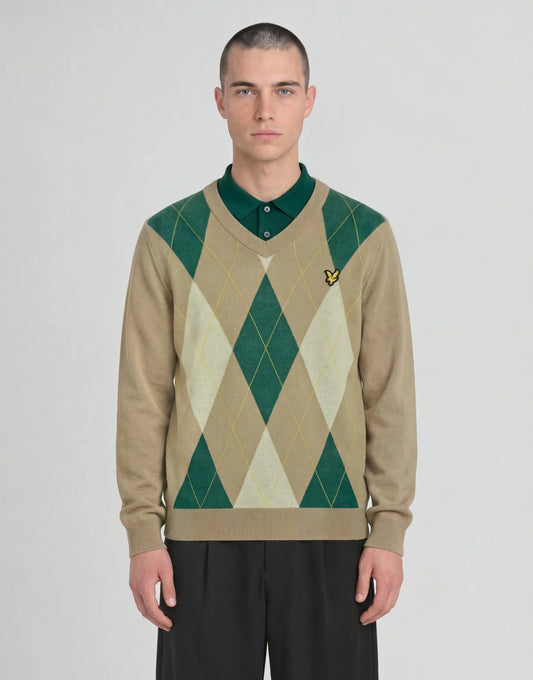 Lyle & Scott Argyle Knitted V-Neck Jumper Camel Taupe