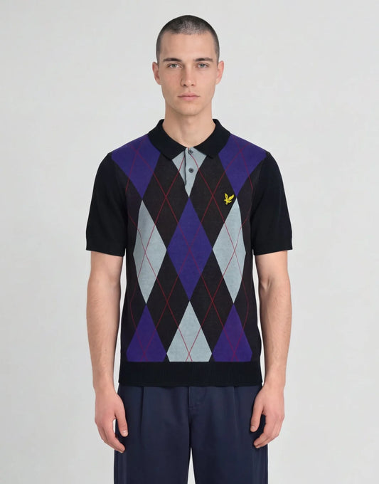 Lyle & Scott Archive Argyle Knitted Polo Shirt Dark Navy
