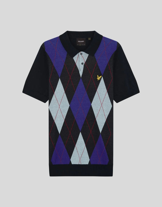 Lyle & Scott Archive Argyle Knitted Polo Shirt Dark Navy
