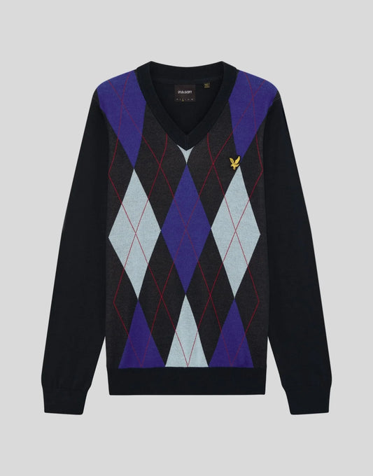 Lyle & Scott Argyle Knitted V-Neck Jumper Dark Navy