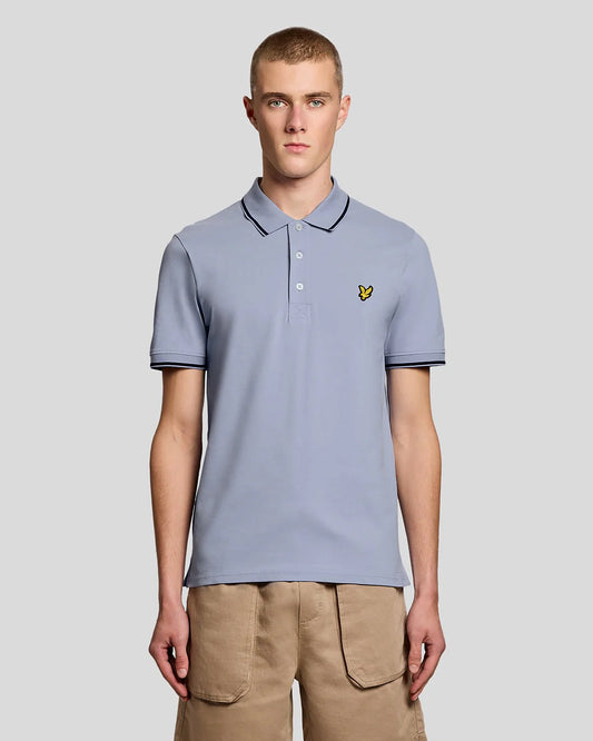 Lyle & Scott men's tipped polo shirt in Bubble Blue and Jet Black with contrasting collar and sleeve cuffs.