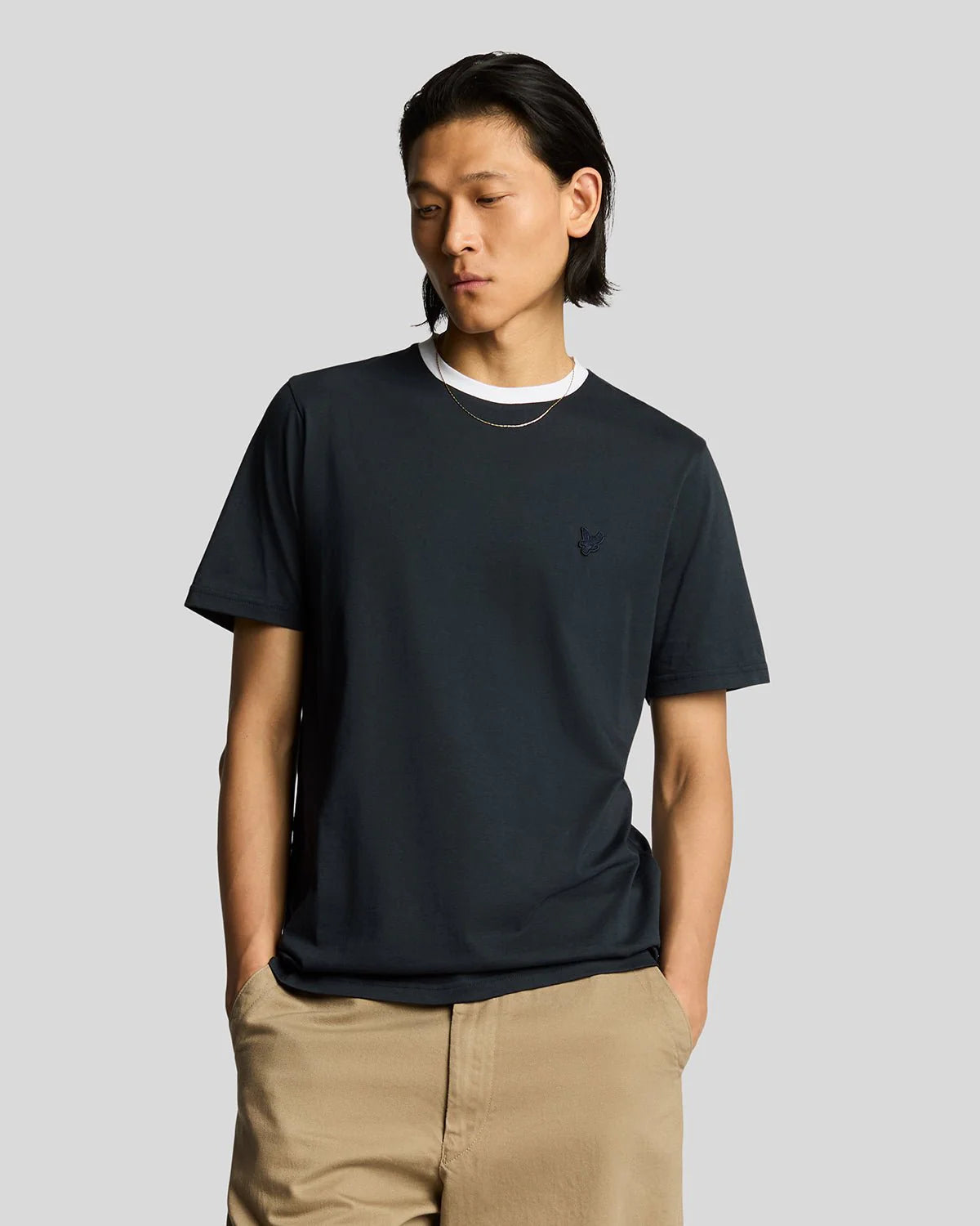 Men's navy and white Lyle & Scott contrast cotton T-shirt, showcasing a casual fit with a classic crew neckline.