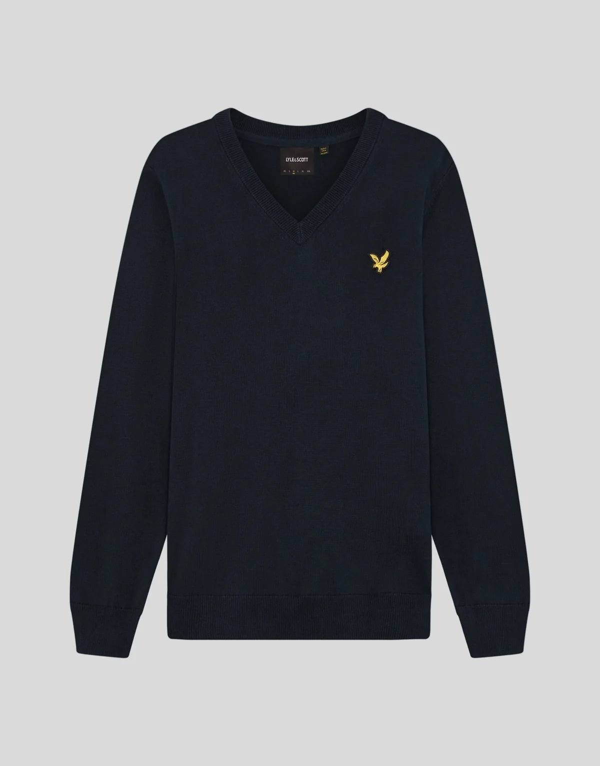Dark navy Lyle & Scott archive knitted v-neck jumper for men, featuring a classic design and ribbed collar and cuffs.