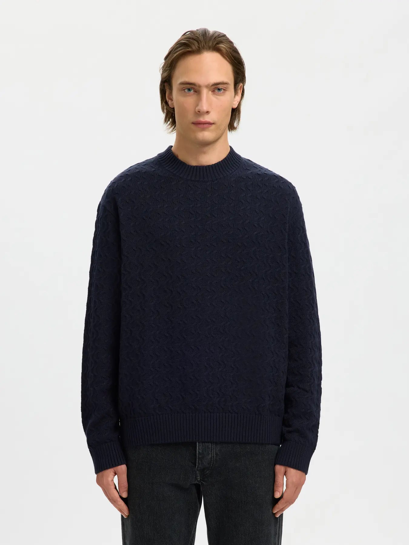 Selected Homme Long Sleeve Knitted Relaxed Crew Neck Navy