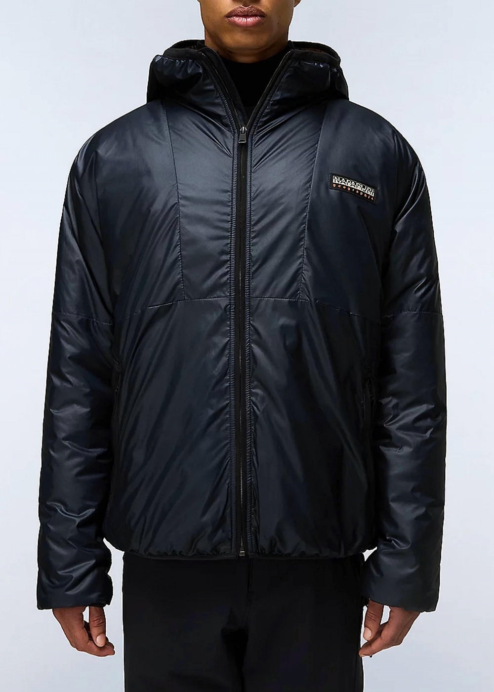 Black Napapijri A-Thur jacket with hood, featuring a sleek design and modern outdoor style.