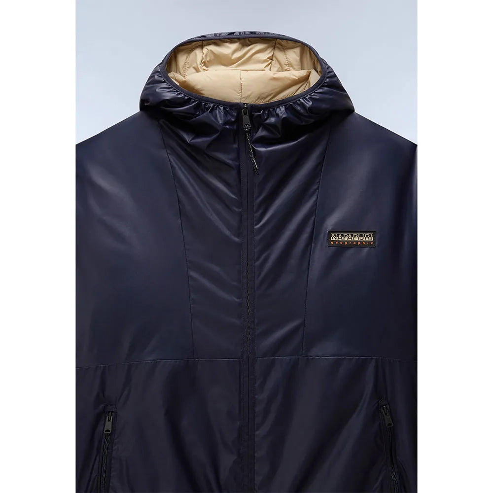 Napapijri A-Thur blue marine jacket with a sleek design, featuring a full front zipper and adjustable hood.