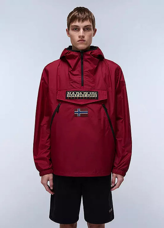 Beige Napapijri Rainforest windbreaker jacket with Tibetan red accents, featuring front pockets and a lightweight, weather-resistant design.