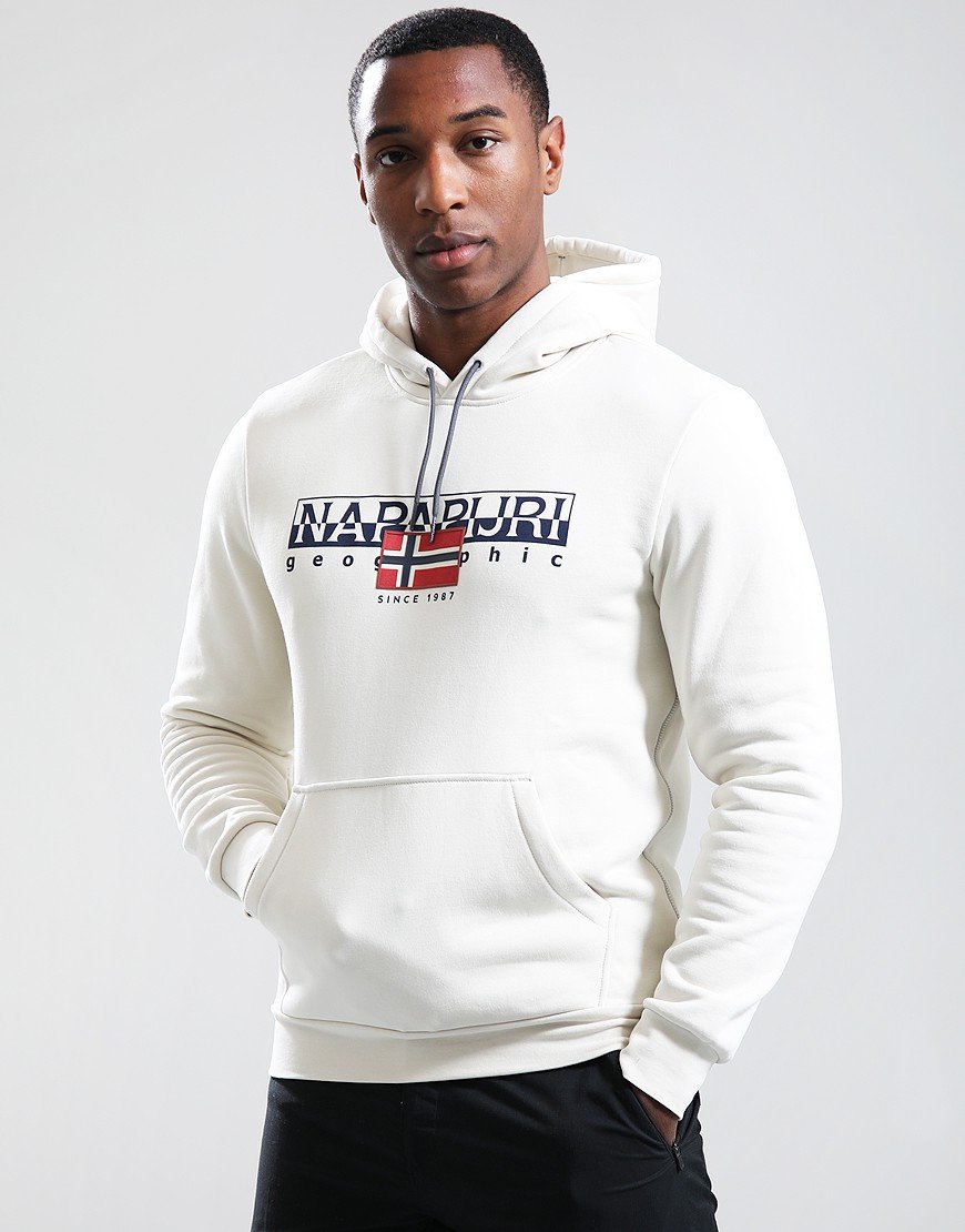 Beige Napapijri Aylmer winter hoodie with dimity fabric, featuring a cozy, casual design and front pocket.