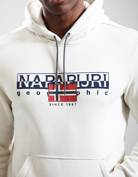 Napapijri Aylmer winter hoodie in beige dimity fabric, showcasing a cozy, casual hoodie with a front pocket and hood detail.