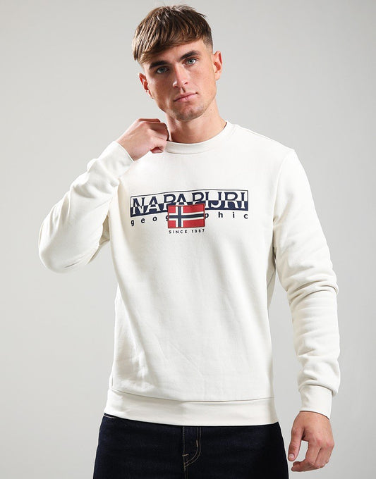 Beige Napapijri Aylmer Crew Sweat jumper displayed on a hanger, showing its soft fabric and casual winter style.
