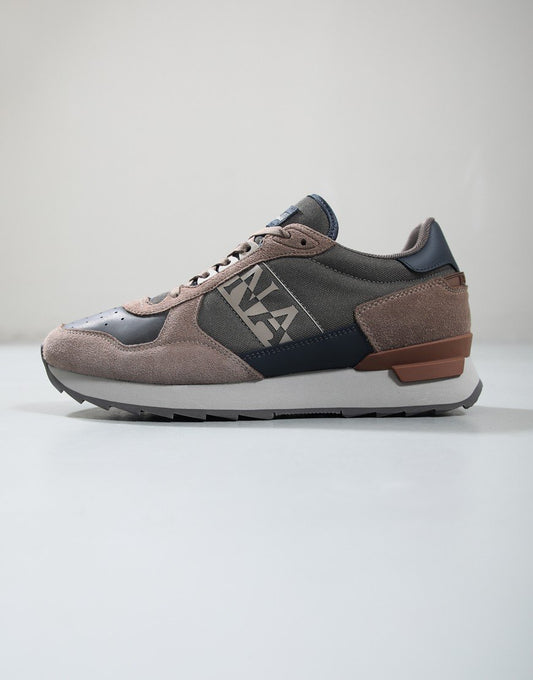 Grey and brown Napapijri trainers shoes with stylish design, featuring brand logo details and comfortable athletic sole.