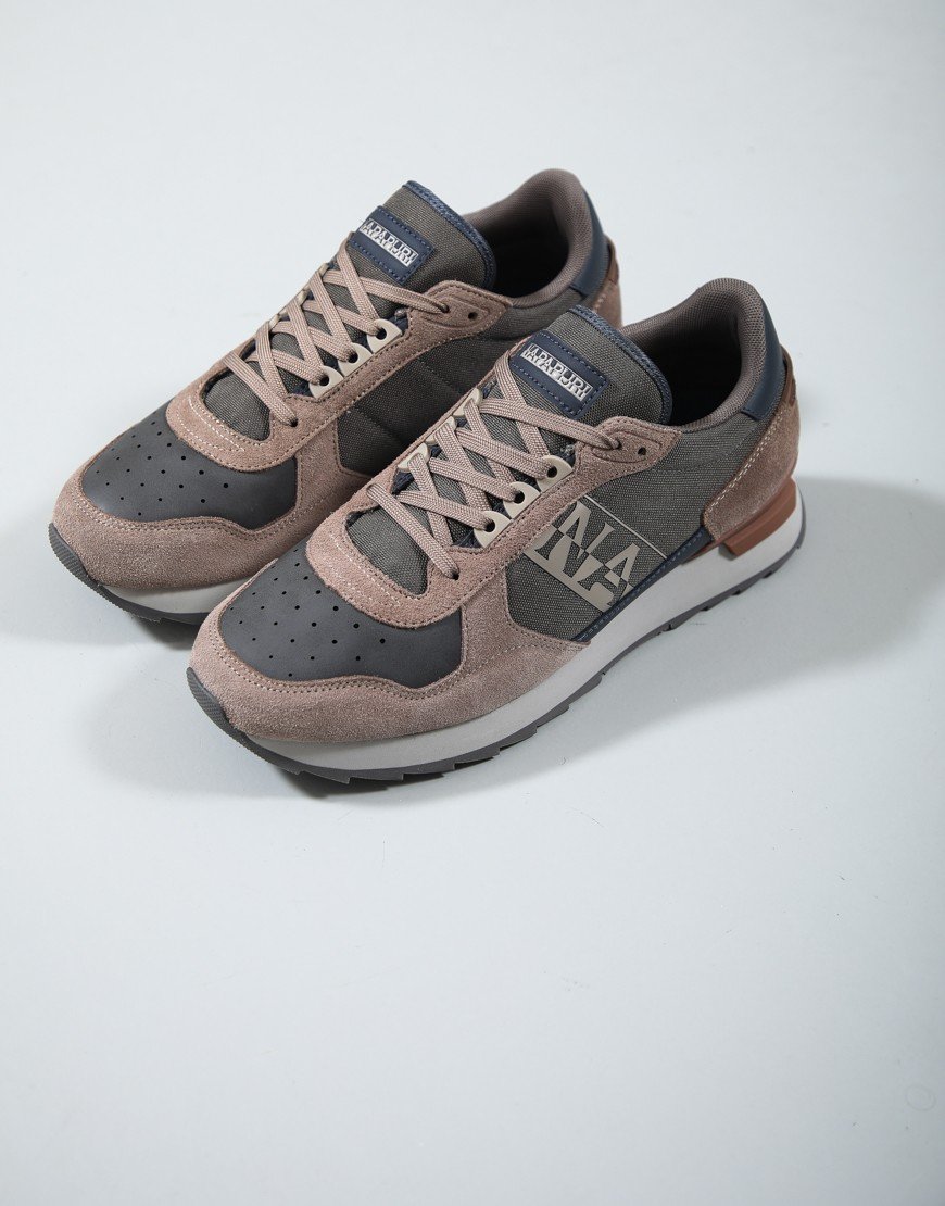 Gray and brown Napapijri trainers shoes with stylish design, featuring comfortable laces and durable soles.