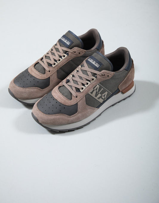 Gray and brown Napapijri trainers shoes with stylish design, featuring comfortable laces and durable soles.