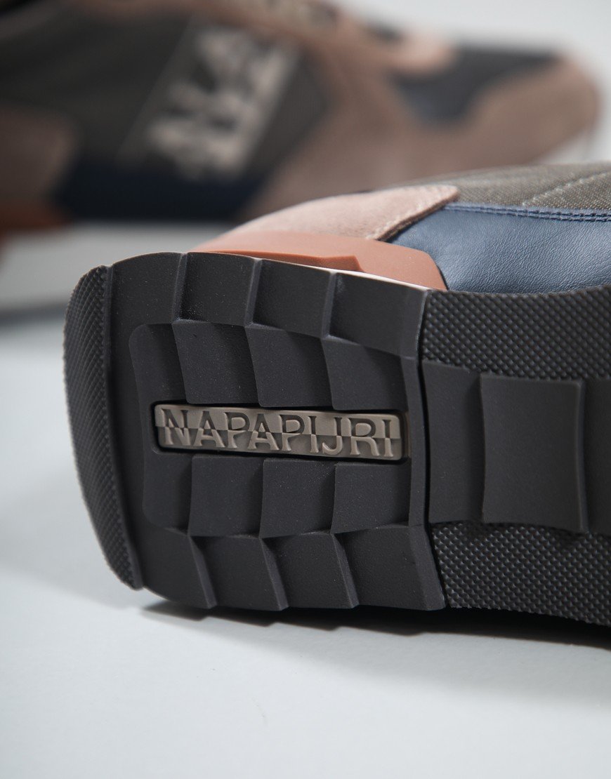 Gray and brown Napapijri trainers shoes with stylish design, featuring white soles and branding details.