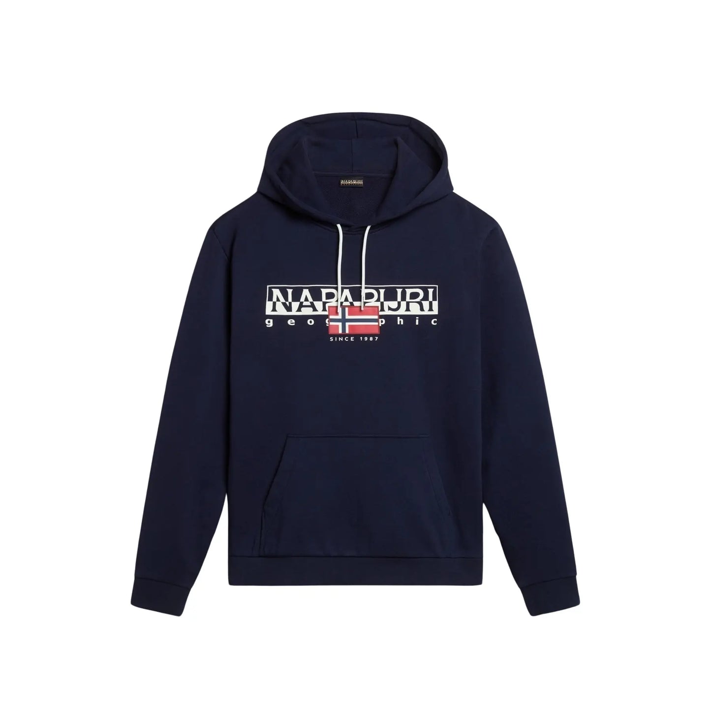 Napapijri Aylmer blue marine winter hoodie, front view showing soft fabric and hood with drawstrings.