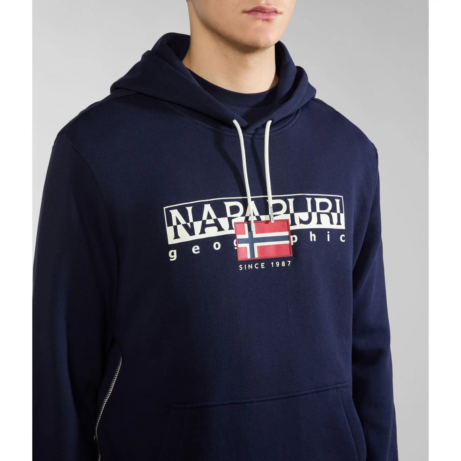 Blue Marine Napapijri Aylmer winter hoodie with a comfortable fit and branded logo, perfect for cold weather.