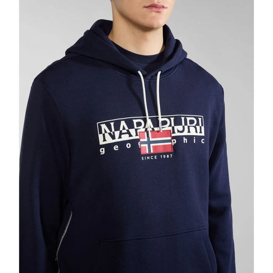 Blue Marine Napapijri Aylmer winter hoodie with a comfortable fit and branded logo, perfect for cold weather.