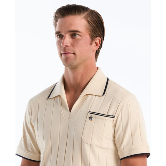 Original Penguin Icons open collar ribbed polo shirt in Birch, showing the textured fabric and classic fit.