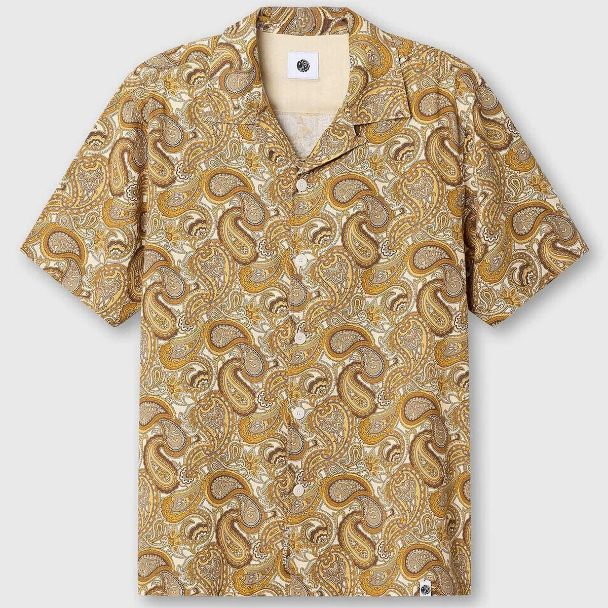 Pretty Green Hermosa Paisley Shirt with a retro 70s gold paisley pattern, button-up design, and classic collar.