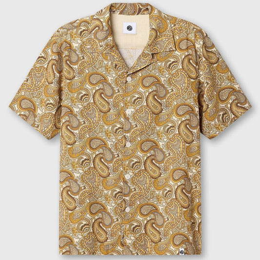 Pretty Green Hermosa Paisley Shirt with a retro 70s gold paisley pattern, button-up design, and classic collar.