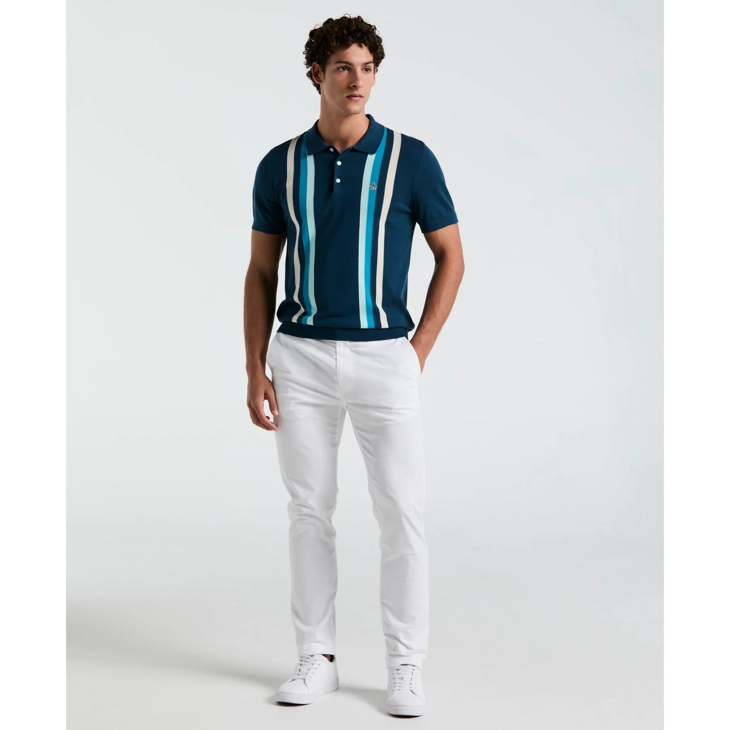 Original Penguin Vertical Stripe Sweater Polo Shirt In Blue Wing Teal