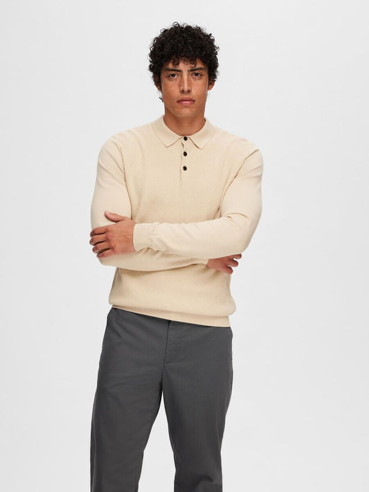 Selected Homme Corner LS Knit Polo In Oatmeal - RD1 Clothing