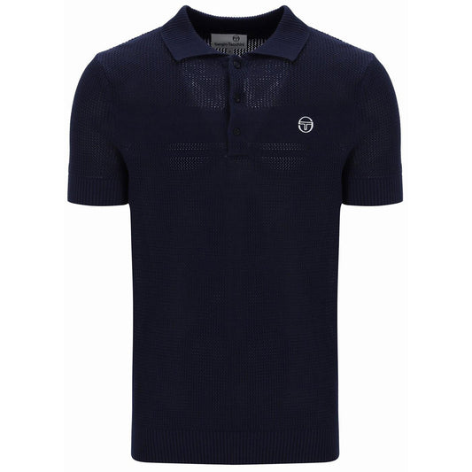 Navy Sergio Tacchini Sabino knitted polo shirt with mesh knit fabric, classic collar, and short sleeves.