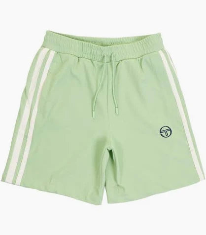 Sergio Tacchini Pietrapertosa green and gardenia jogger sweat shorts displayed on a shopping website.