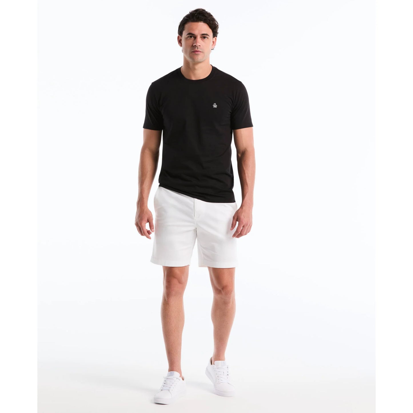 Black Original Penguin T-shirt featuring a Sticker Pete logo design on the front, with a classic crew neck and short sleeves.