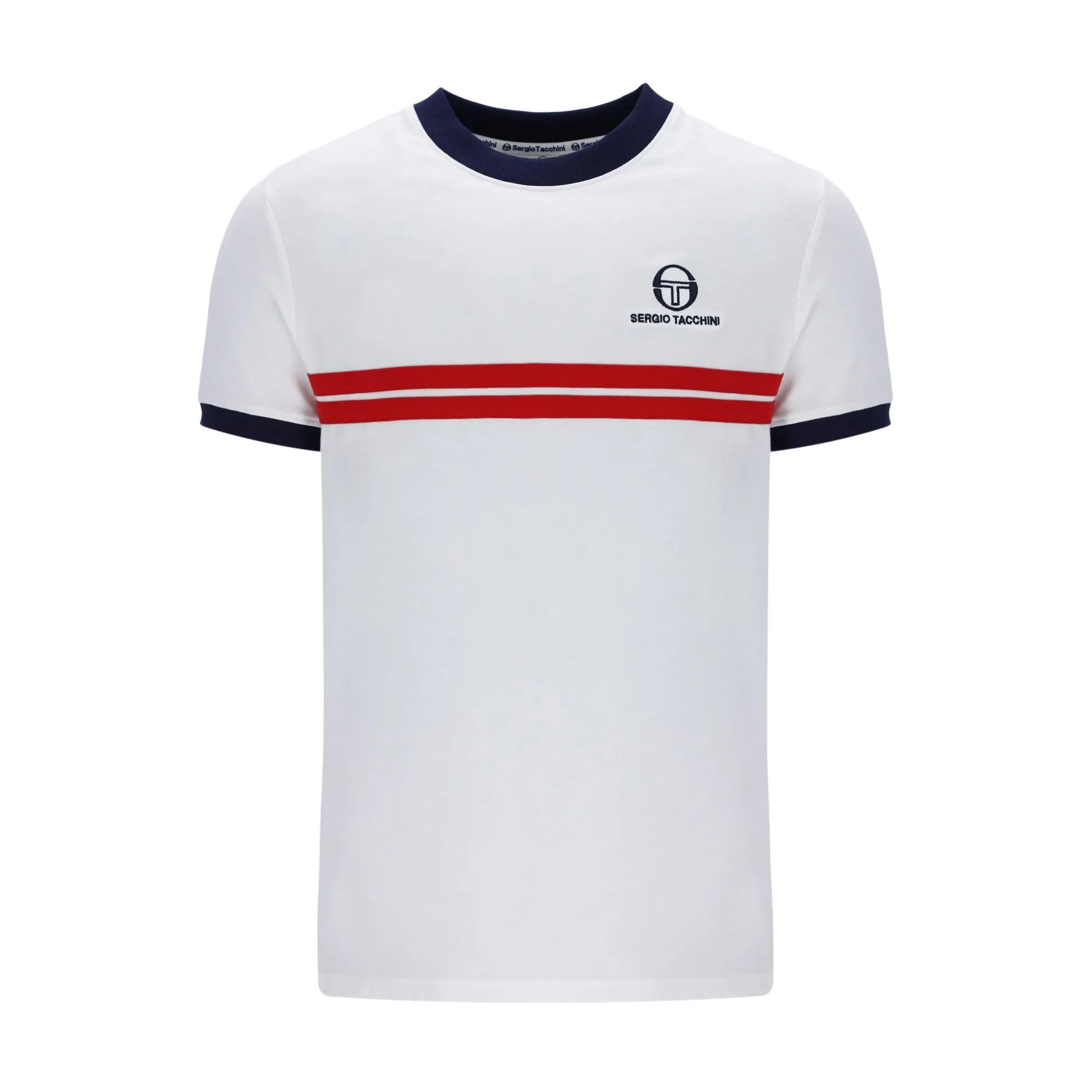 White Sergio Tacchini Supermac T-Shirt with maritime blue and adrenaline rush accents, casual crewneck design.