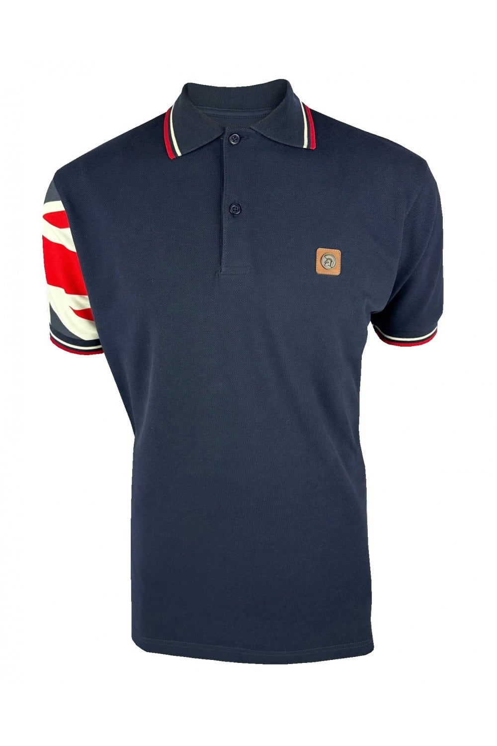 Navy Trojan Flag Sleeve Pique Polo Shirt showing a classic collar, embroidered Trojan logo, and short sleeves with flag detail.