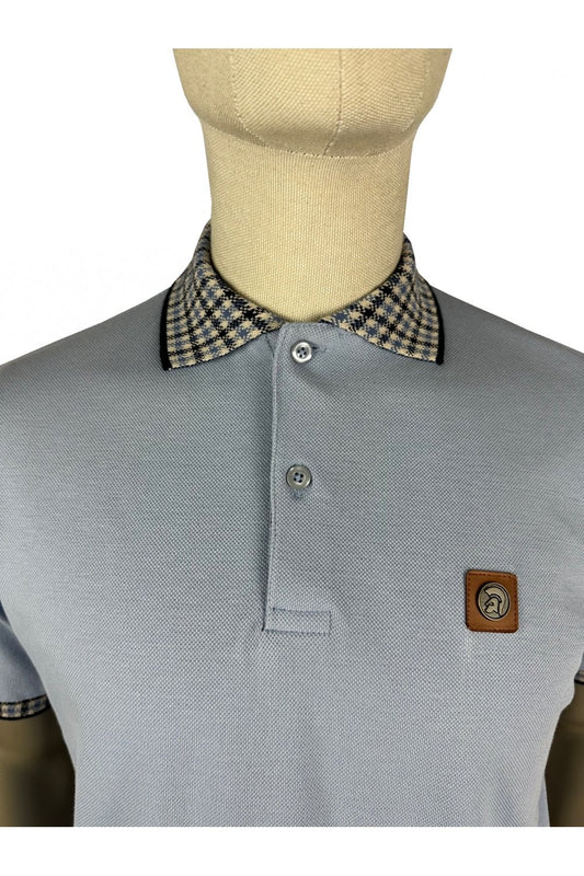 Trojan Jacquard Gingham Trim Pique Polo Shirt In Sky - RD1 Clothing