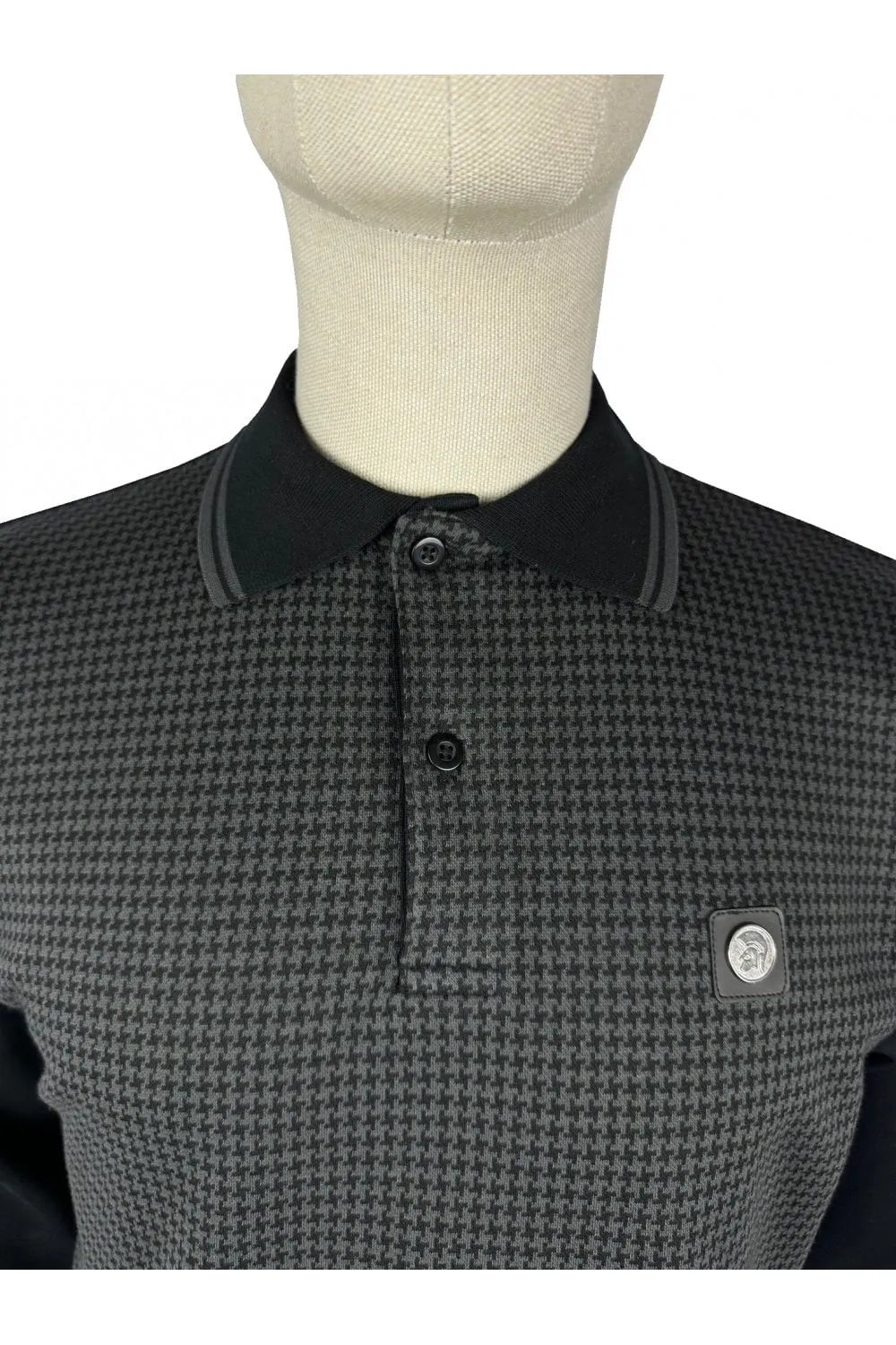 Trojan Houndstooth Panel Polo LS In Black