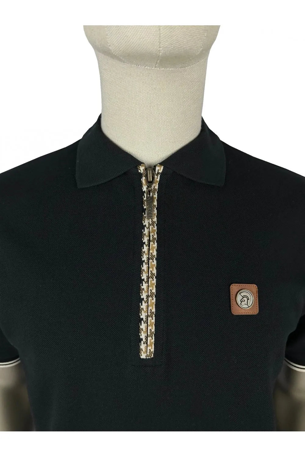 Trojan Houndstooth Trim Zip Pique Polo In Black