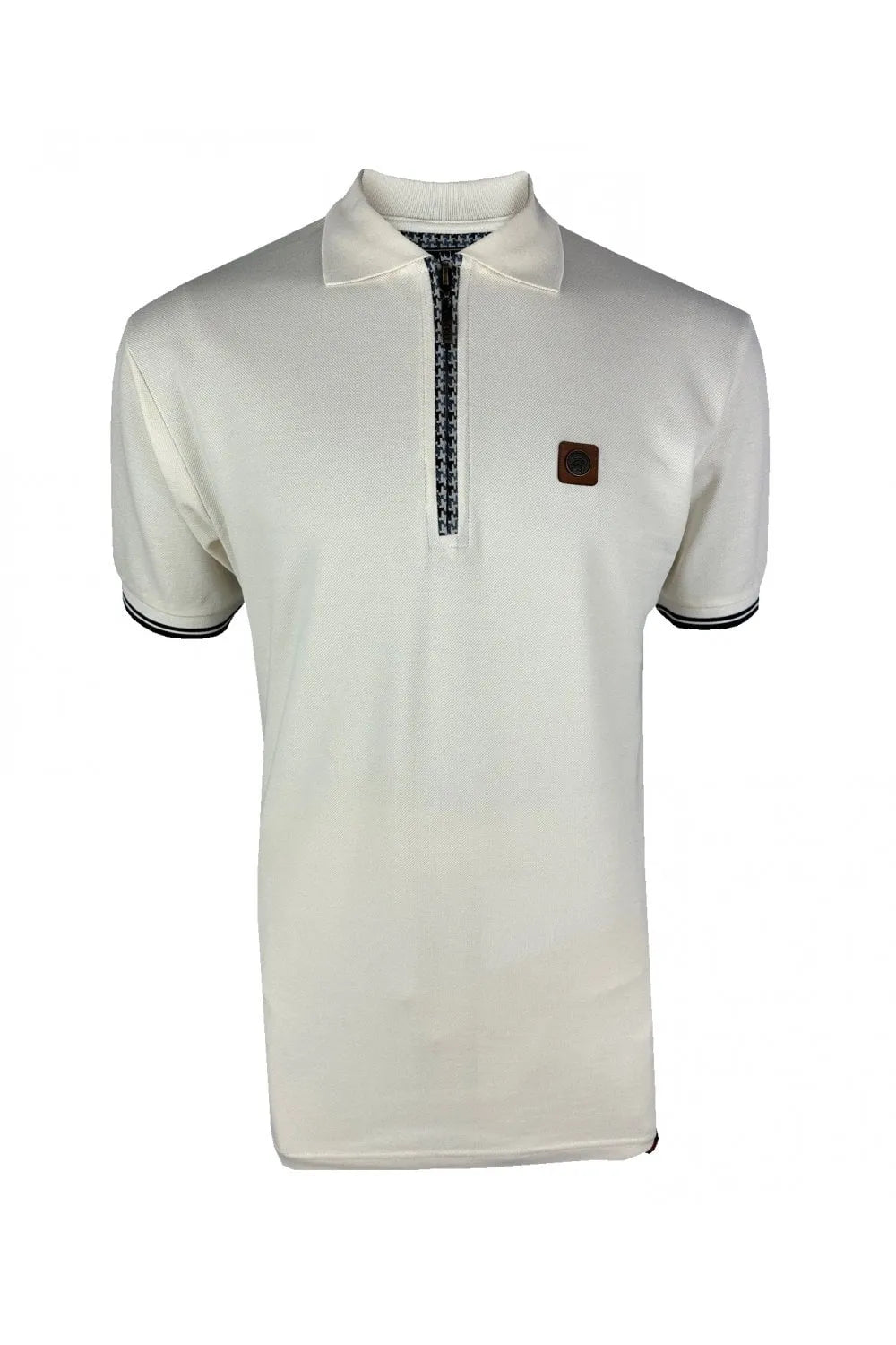 Trojan Houndstooth Trim Zip Pique Polo In White