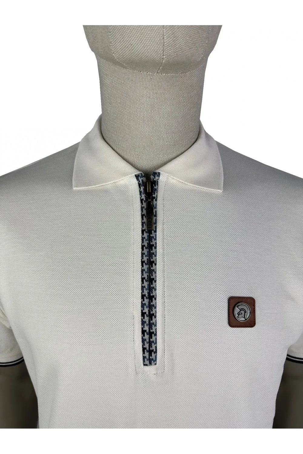 Trojan Houndstooth Trim Zip Pique Polo In White