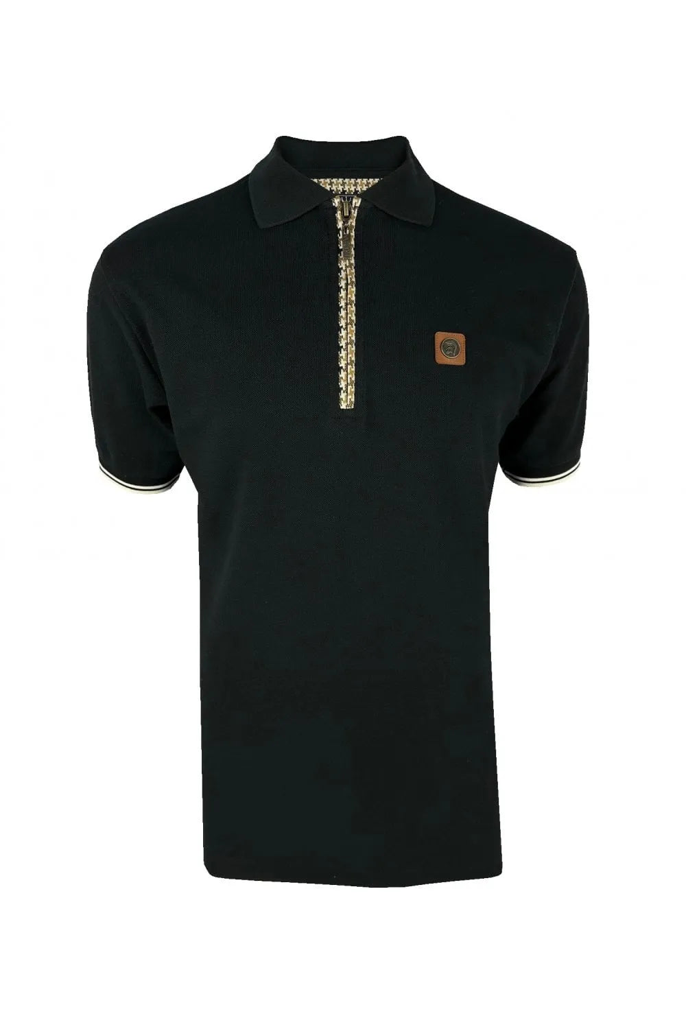 Trojan Houndstooth Trim Zip Pique Polo In Black