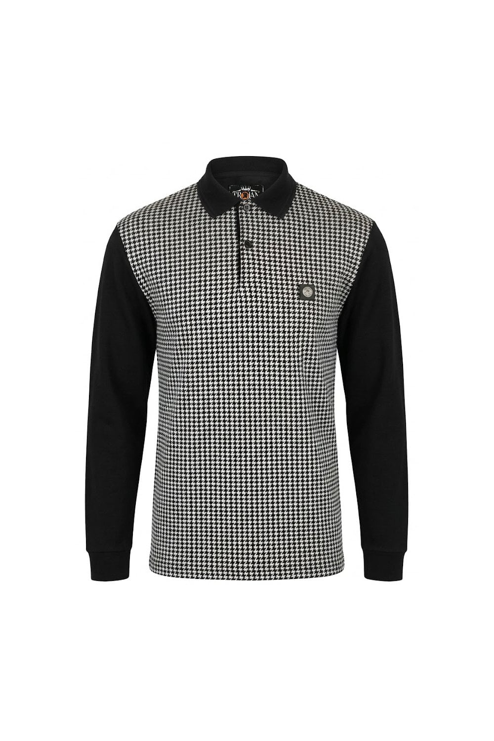 Trojan Mono Houndstooth Panel Long Sleeve Polo Black