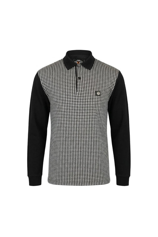 Trojan Mono Houndstooth Panel Long Sleeve Polo Black