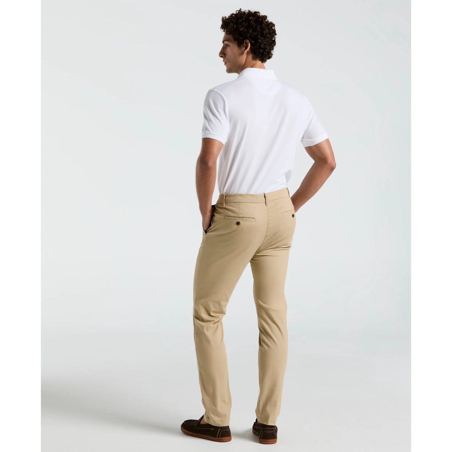 Original Penguin slim fit chinos in Travertine color, showing the tailored trousers with front pockets and belt loops.