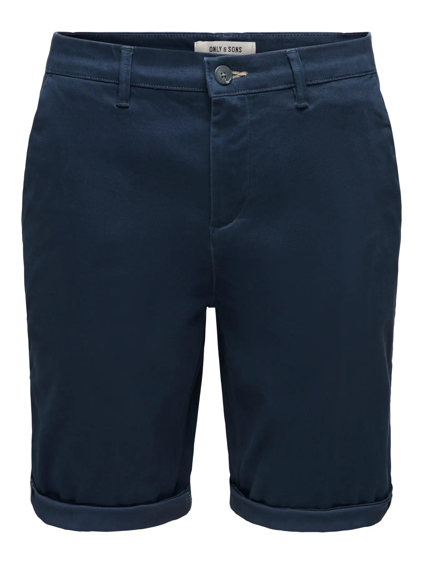 Navy Only & Sons Onssaul chino shorts displayed flat, showing classic cut and clean design for casual summer wear.