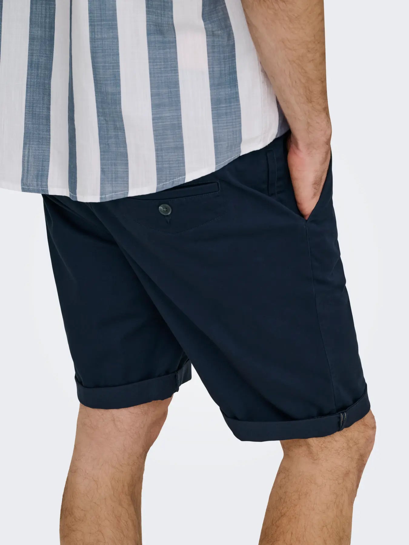 Navy Only & Sons Onssaul chino shorts displayed flat, showing their classic fit and clean design for casual wear.