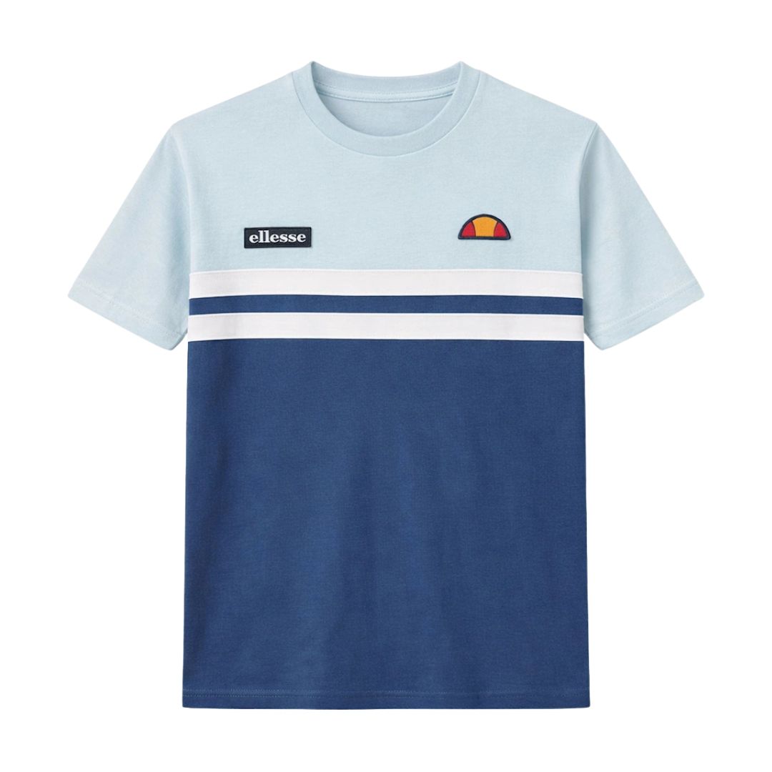 Ellesse Venire T-Shirt in blue and light blue, featuring a classic crew neck and logo detail on the front.