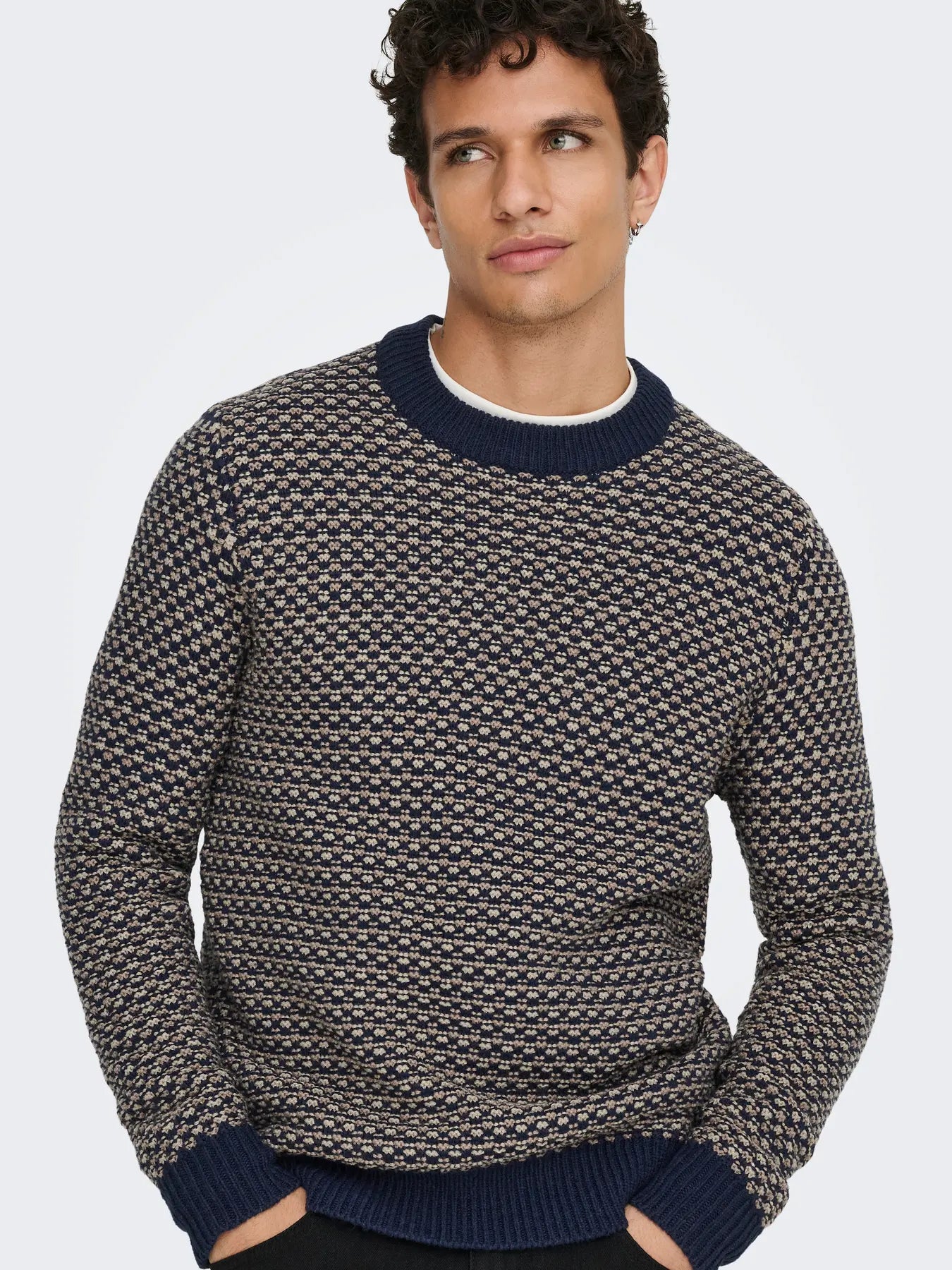 Only & Sons Onsmusa Reg Crew Knitted Jumper Navy/ Desert Taupe