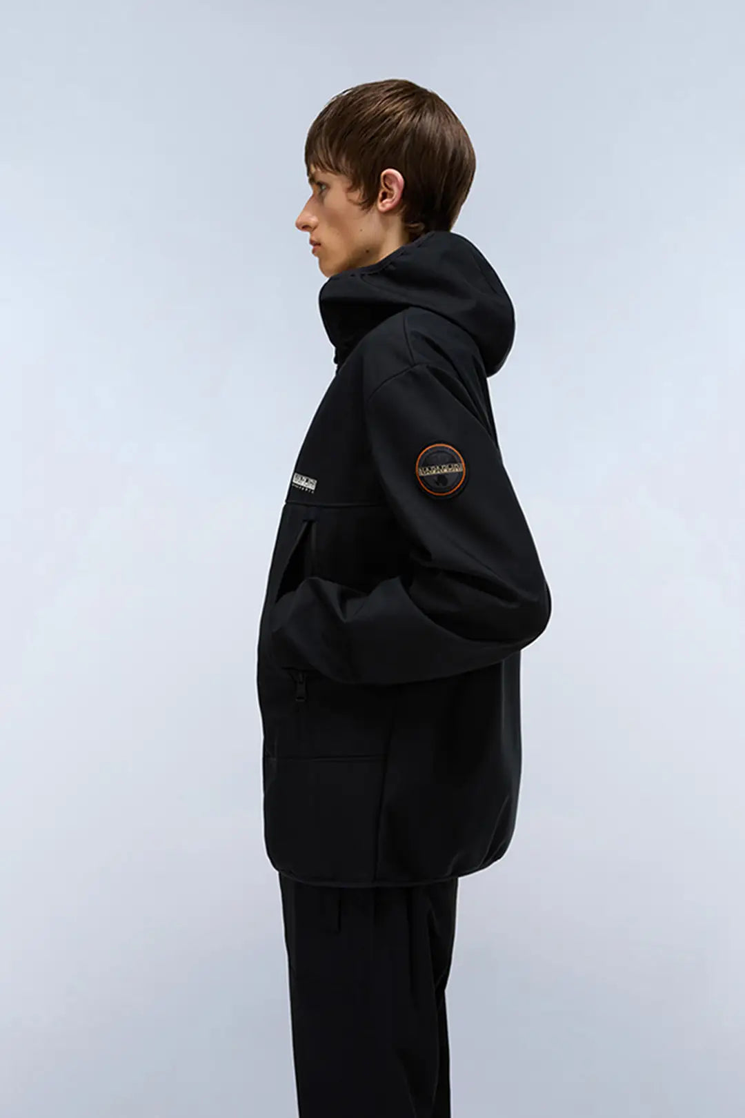 Black Napapijri A-Biois jacket in XL, showcasing the stylish, lightweight design with a front zipper and adjustable hood.